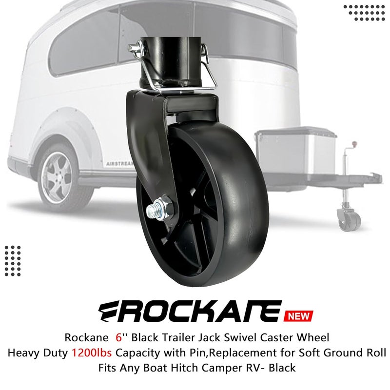 rockane Black 6'' Black Trailer Jack Swivel Caster Wheel Replacement, Heavy Duty 1200lbs Capacity with Pin for Soft Ground Roll, Fits Any Boat Hitch Camper RV- Black - Image 4